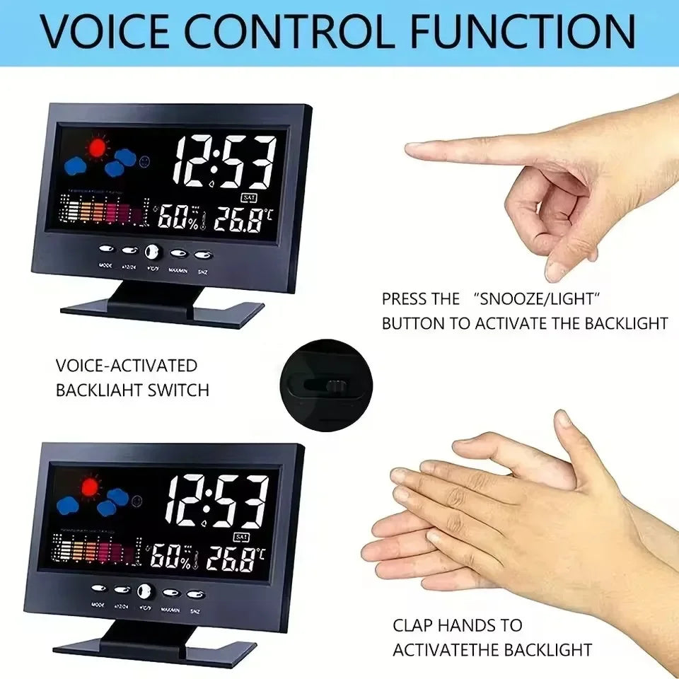 Demonstration of voice control function for a digital weather station clock showing activation via touch and clap.