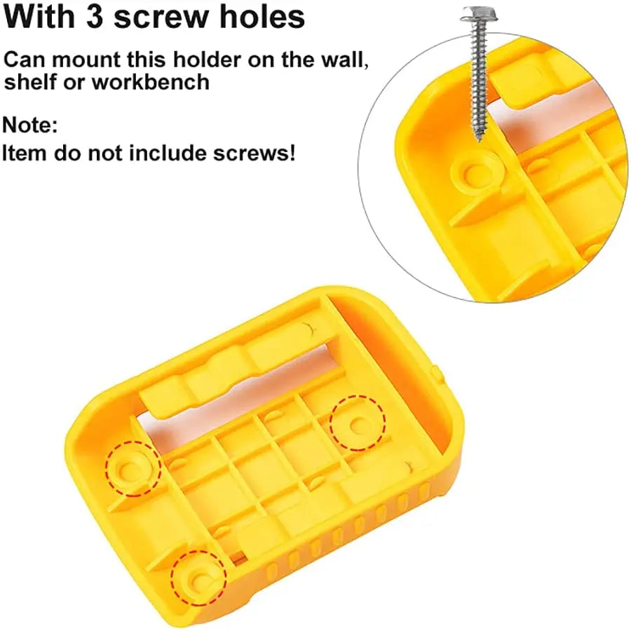 Yellow plastic battery holder with three screw holes shown in various angles