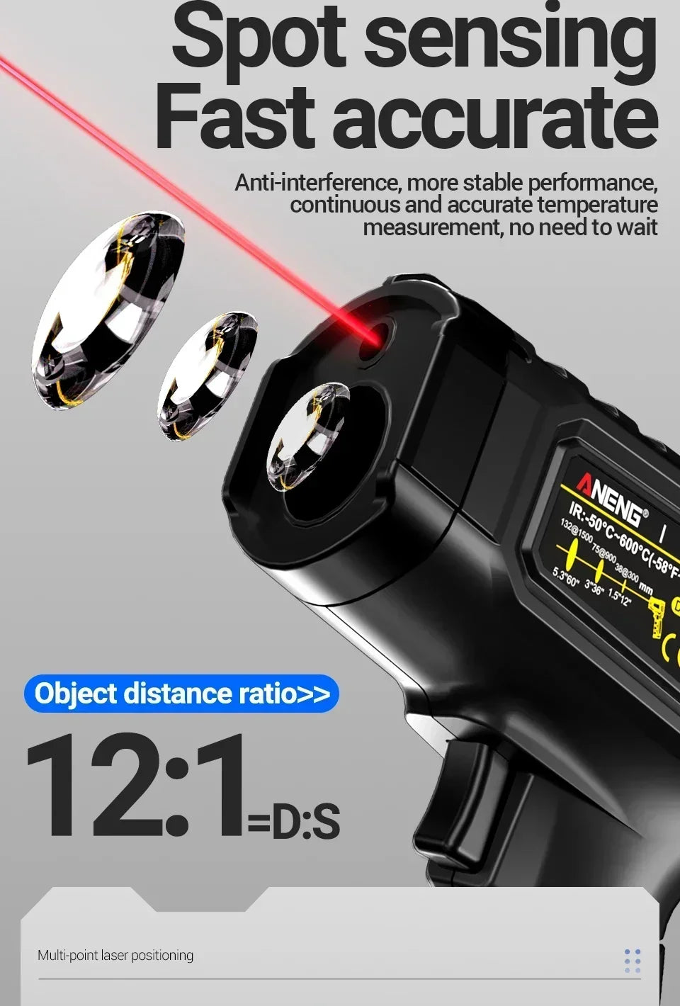 Close-up of a black infrared thermometer with a red laser beam pointing at a surface, demonstrating spot sensing accuracy.