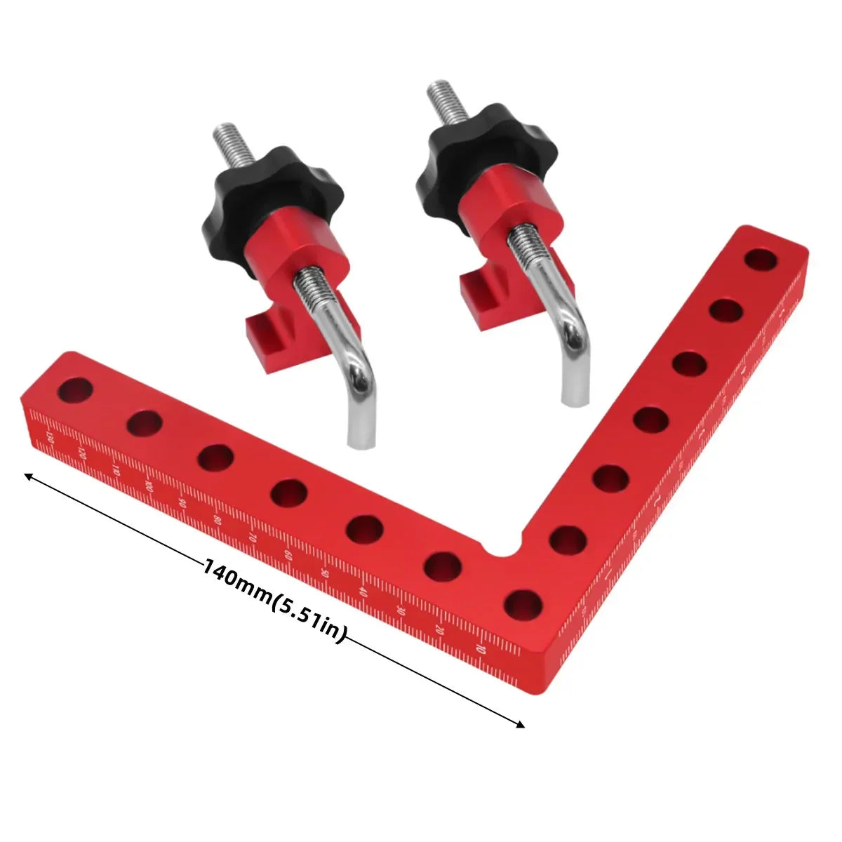 A precision right angle fixing clamp in red and black, shown with a metal rod.