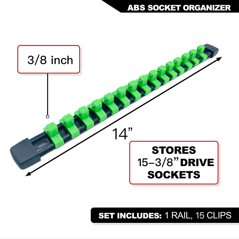 ABS socket organizer featuring a 3/8 inch rail and 15 clips for storing drive sockets.