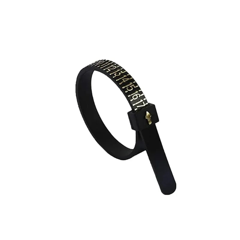A black finger ring sizer with numbered markings for accurate sizing.
