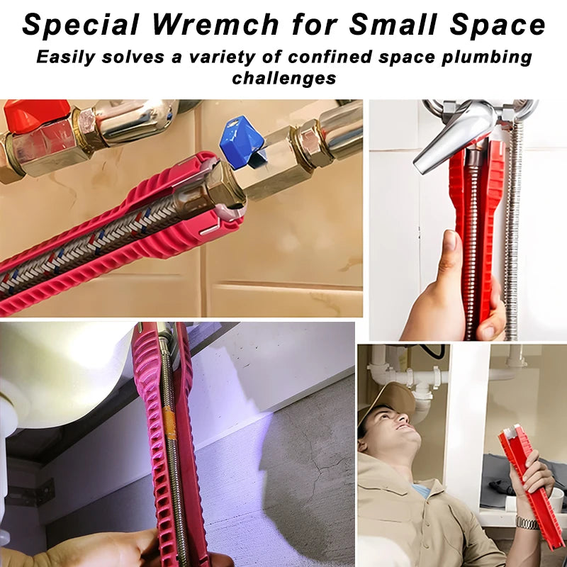 A close-up of a red multi-functional sink and pipe wrench set being used to solve plumbing challenges.