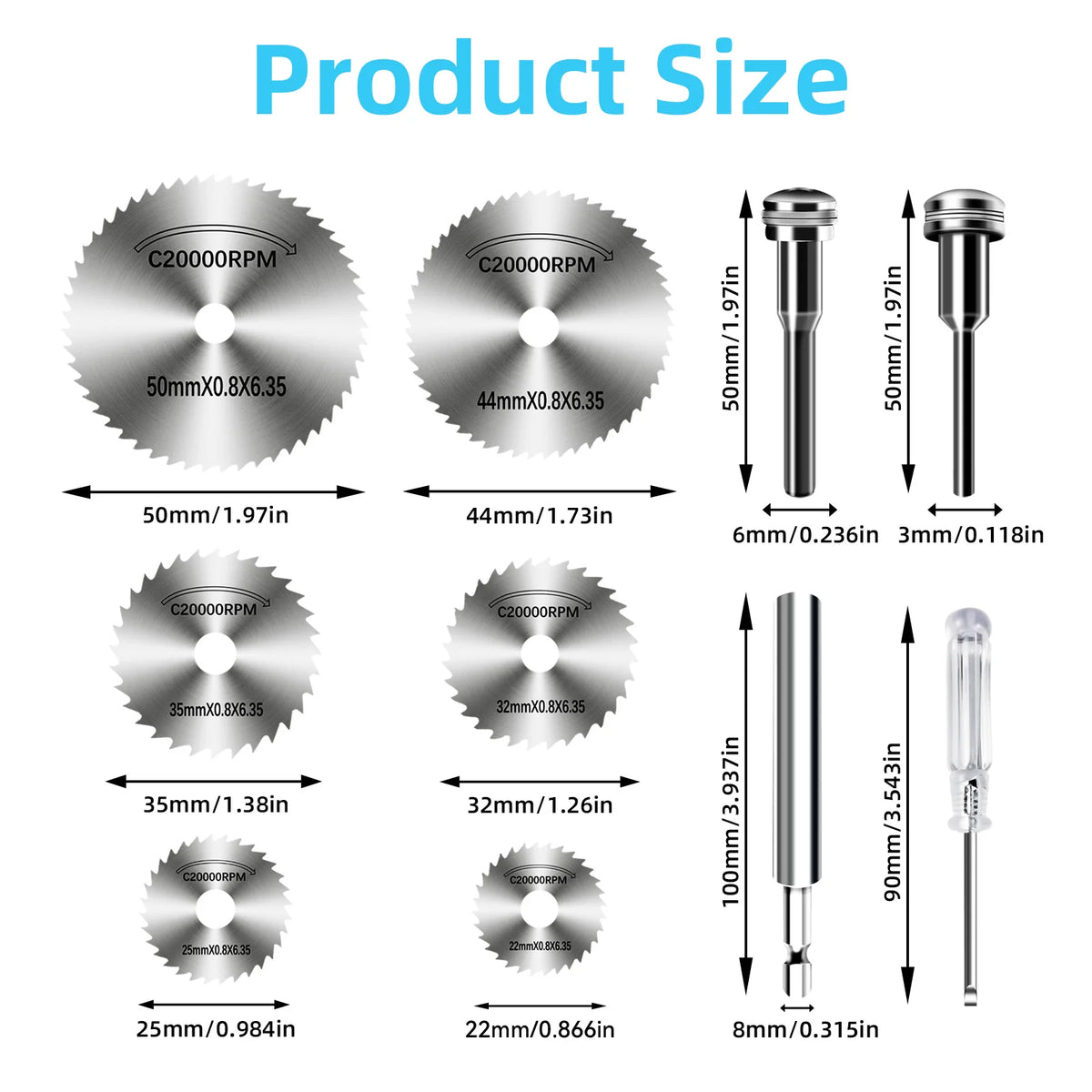A set of high-speed steel cutting discs and corresponding holders with various diameters and lengths.