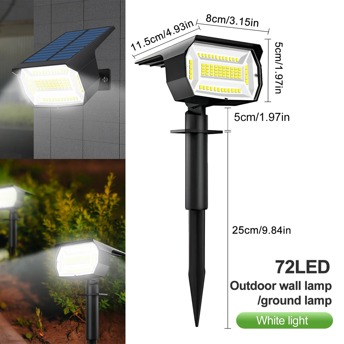 A black outdoor wall and ground lamp with a solar panel, emitting bright white light.