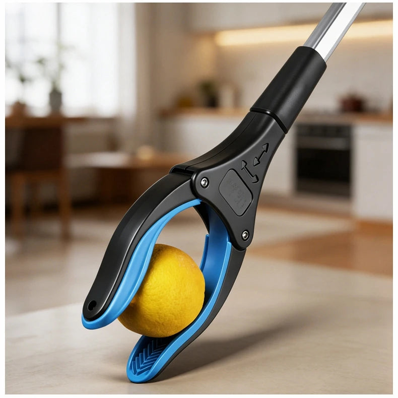 A close-up of a blue and black foldable silicone garbage grabber tool gripping a yellow ball.
