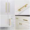 Close-up views of brushed nickel and gold cabinet handles on white cabinetry.