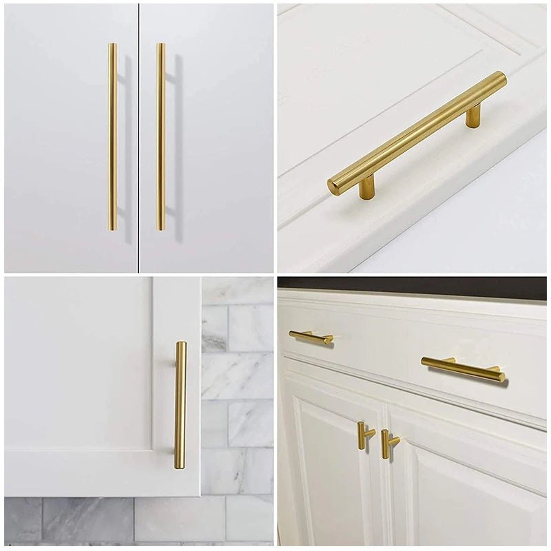 Close-up views of brushed nickel and gold cabinet handles on white cabinetry.