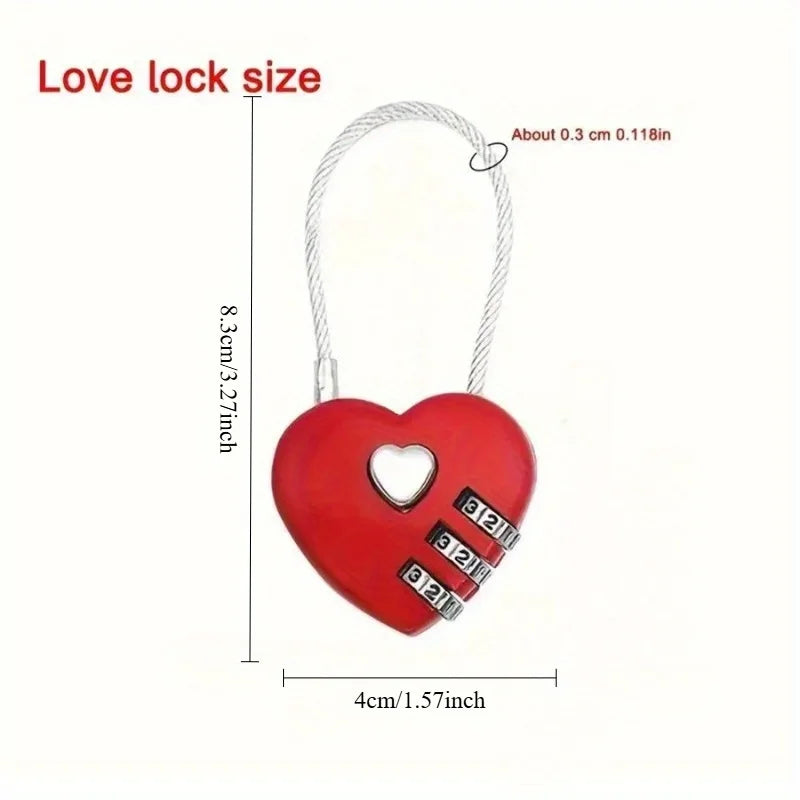 A red heart-shaped combination padlock with a silver keyring and a loop for attachment.