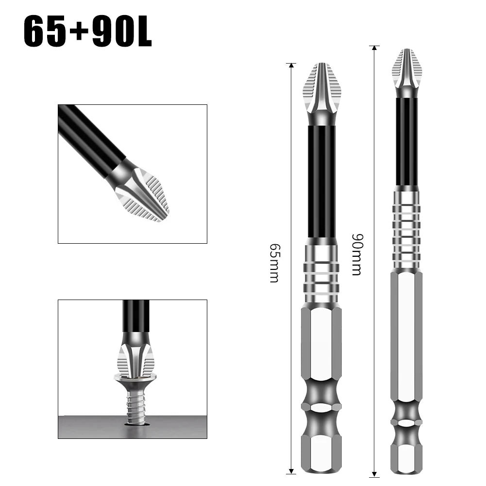 A set of precision magnetic drill bits, including a long bit and a shorter version, shown in black and silver.