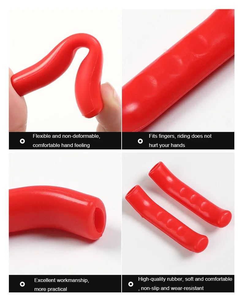 Red silicone brake lever protector covers shown in various angles highlighting flexibility and workmanship
