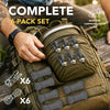 A hand holds a complete 6-pack set of retractable paracord rope fasteners and tensioners in a green outdoor bag.