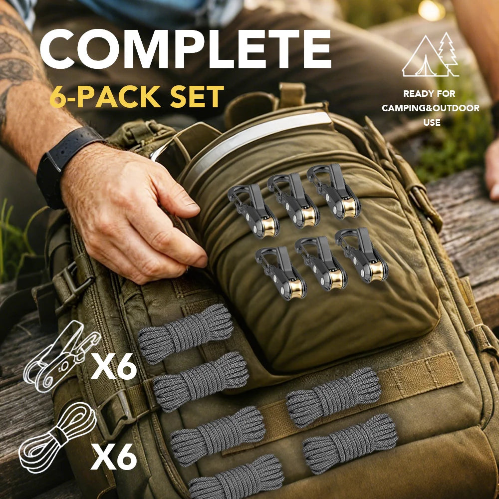 A hand holds a complete 6-pack set of retractable paracord rope fasteners and tensioners in a green outdoor bag.