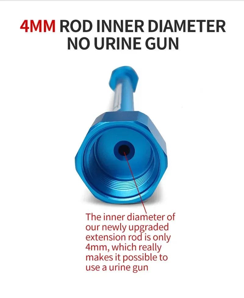A close-up view of a blue paint sprayer gun extension rod with a 4mm inner diameter.