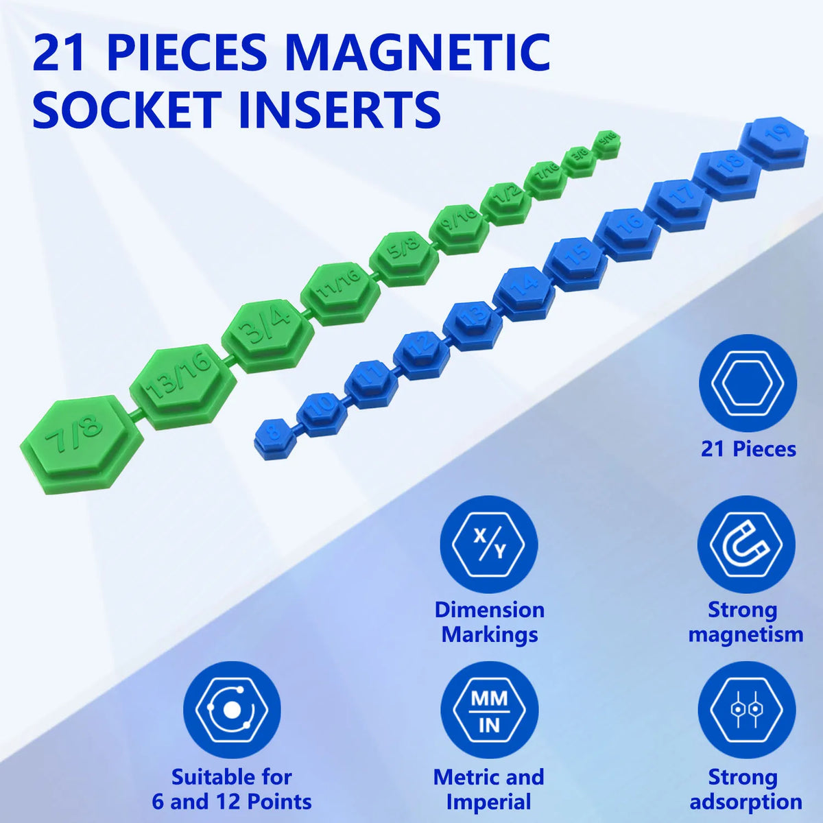 A set of 21 magnetic socket inserts in green and blue, showing various dimension markings and strong magnetism.