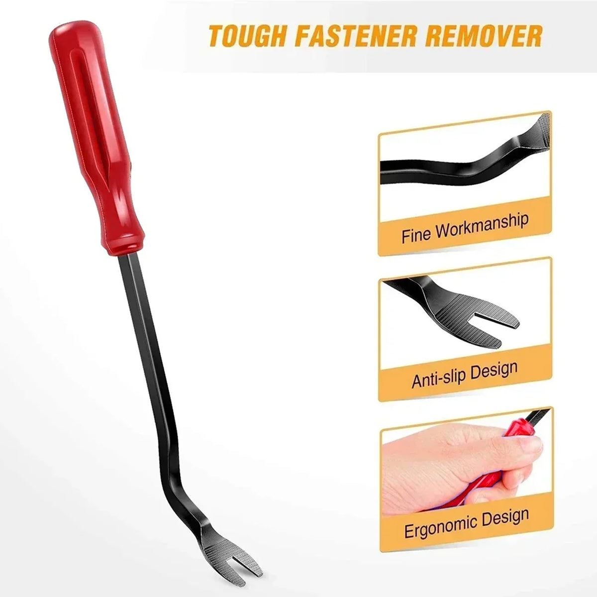 A red tough fastener remover tool with a black handle and specialized tips for automotive trim.