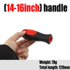 A hand is holding a black and red flat file handle, showing its size and weight specifications.