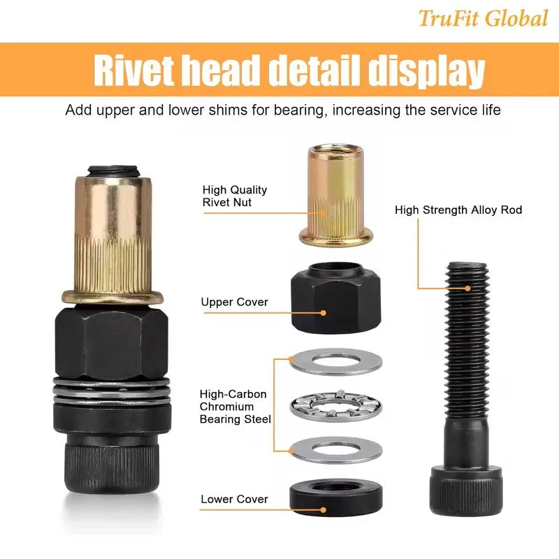 Display of rivet head detail components including a rivet nut, alloy rod, and various covers for a riveting tool.