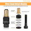 Display of rivet head detail components including a rivet nut, alloy rod, and various covers for a riveting tool.