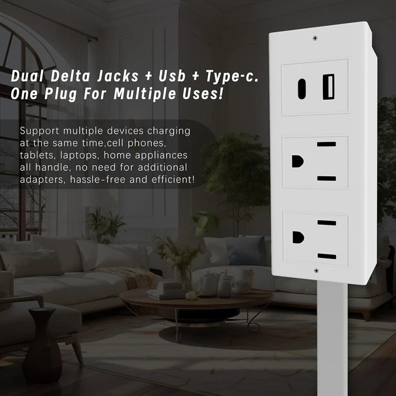 A white dual delta electrical outlet extender with USB and Type-C ports shown in a modern living room setting.