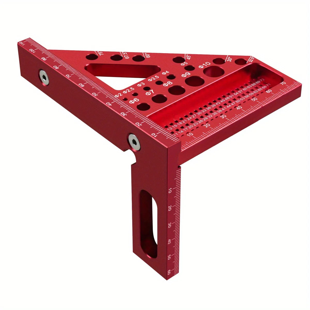 A red precision aluminum square protractor with a graduated scale and a vertical measuring rod.