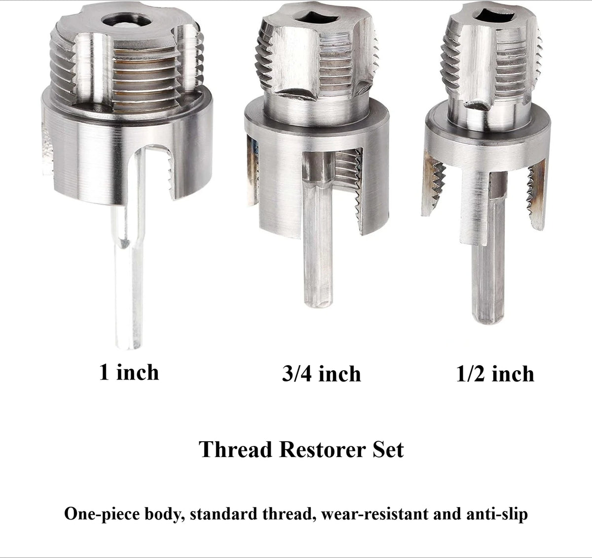 Thread Restorer Set showing 1 inch, 3/4 inch, and 1/2 inch thread cutting tools.