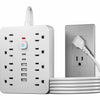 A white 8-outlet surge protection power strip with six USB ports and a gray electrical plug.