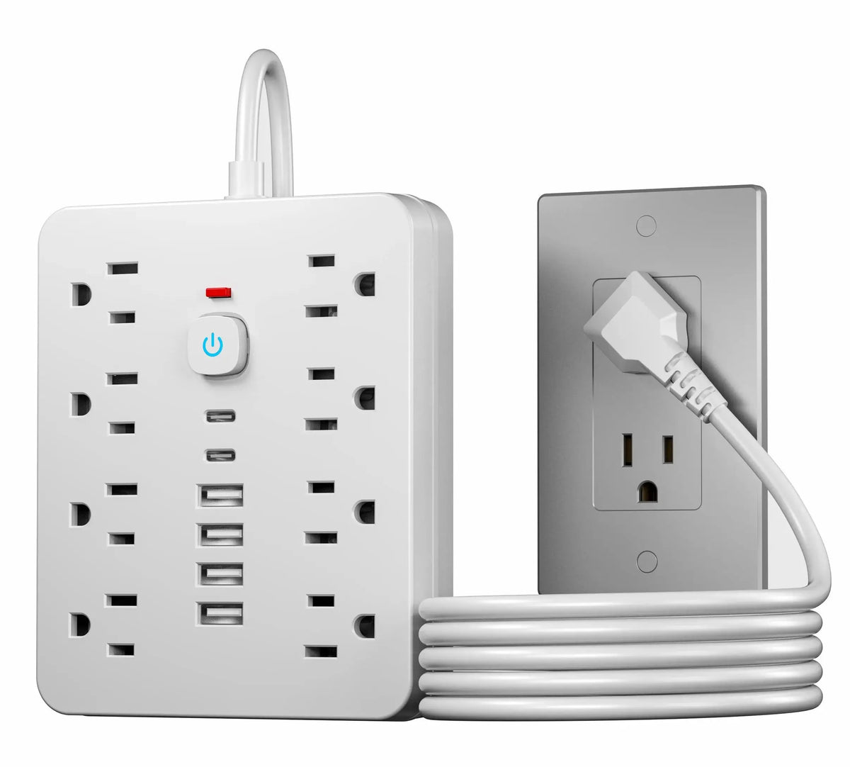 A white 8-outlet surge protection power strip with six USB ports and a gray electrical plug.