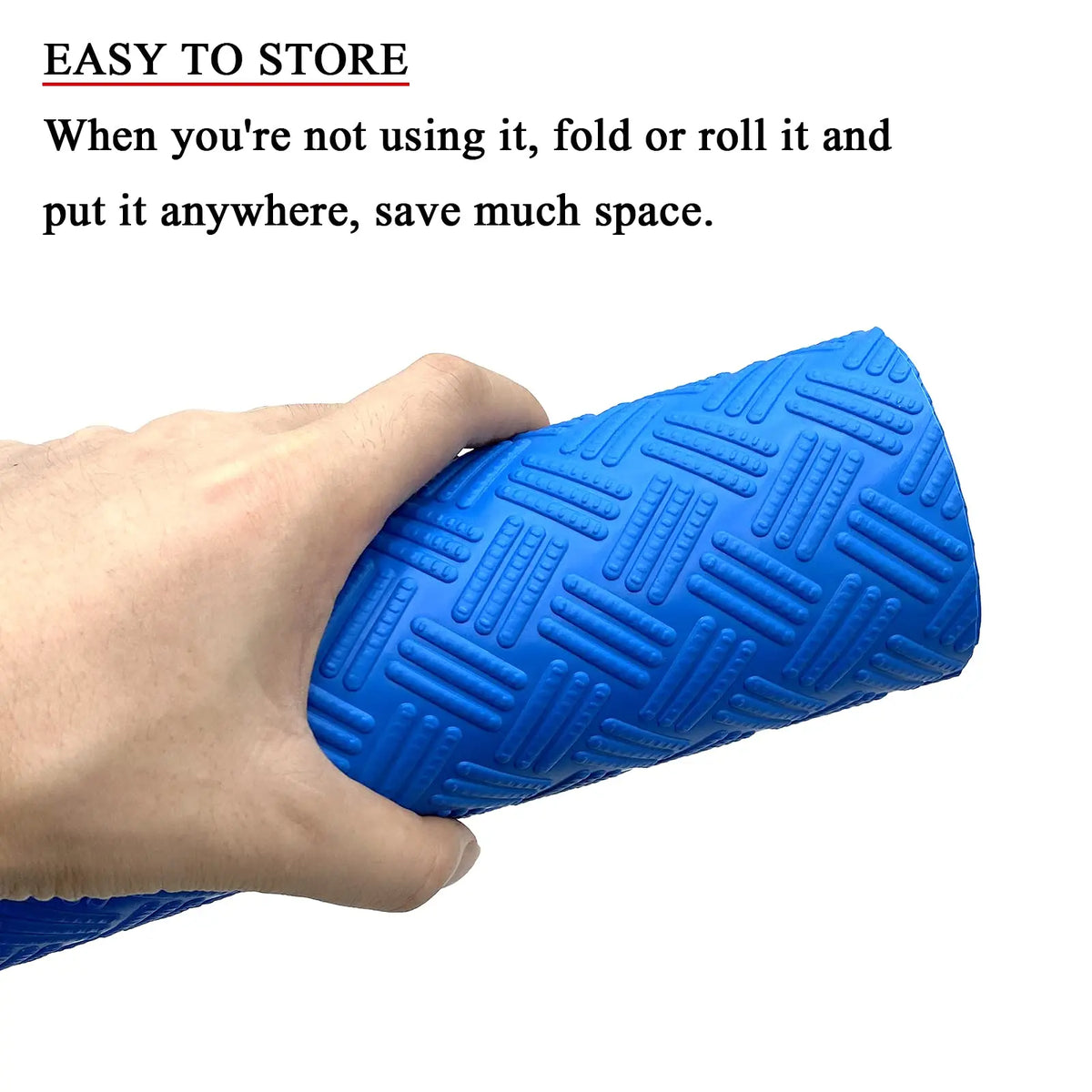 A hand is holding a bright blue non-slip pool ladder mat, demonstrating its ability to be folded or rolled.