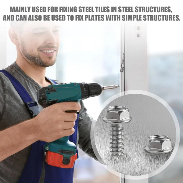 A man is using a cordless drill to fix steel tiles and plates in a structure.