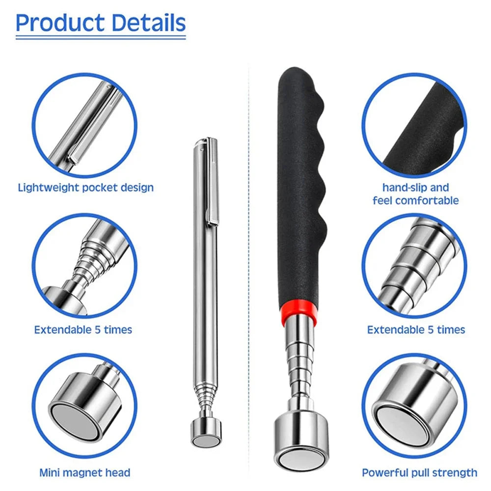 A set of telescoping magnetic pick-up tools showing various features like lightweight design, extendability, and a mini magne