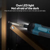 A cordless electric screwdriver with an LED light is shown near a wooden cabinet, demonstrating its ability to work in the da