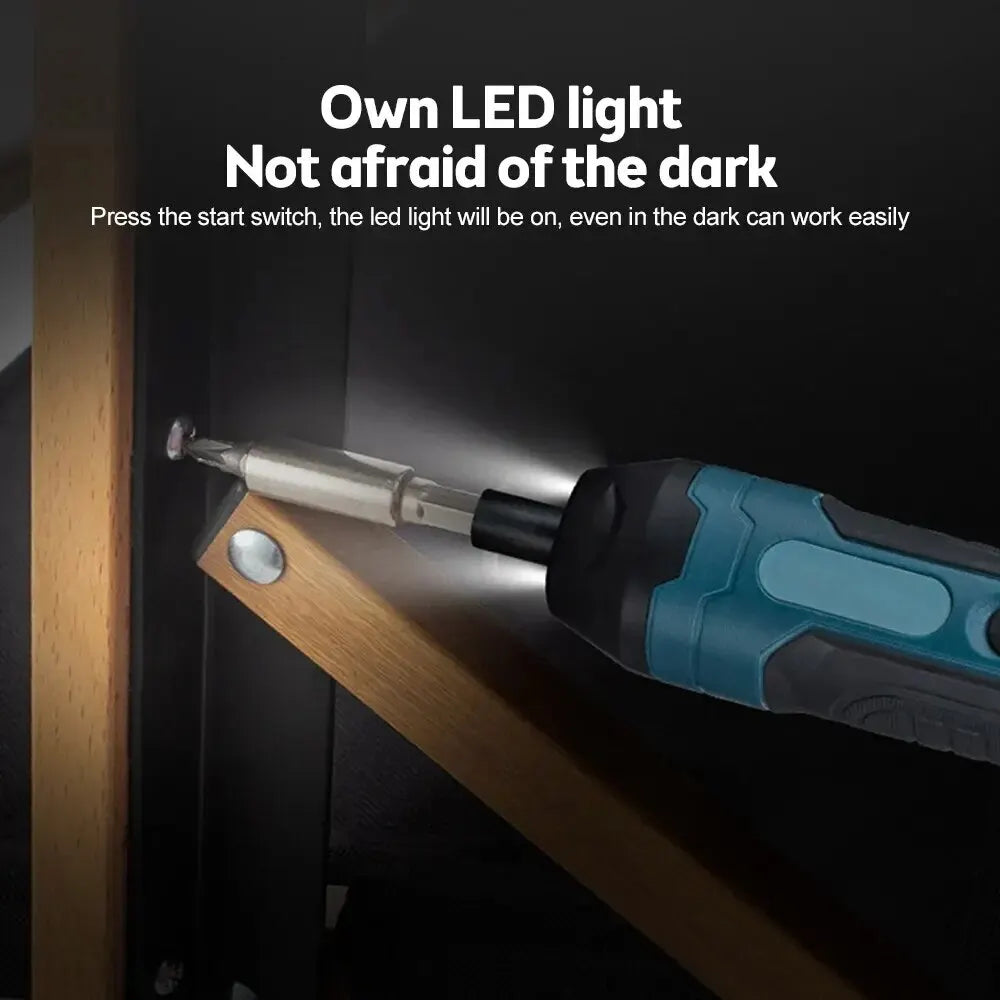 A cordless electric screwdriver with an LED light is shown near a wooden cabinet, demonstrating its ability to work in the da
