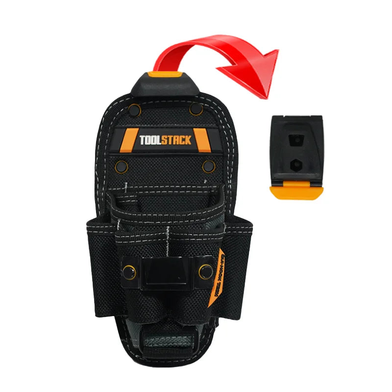 Schwarze Werkzeugorganizer-Gürteltasche mit orangefarbener Griffe und separat befestigtem Werkzeughalter.