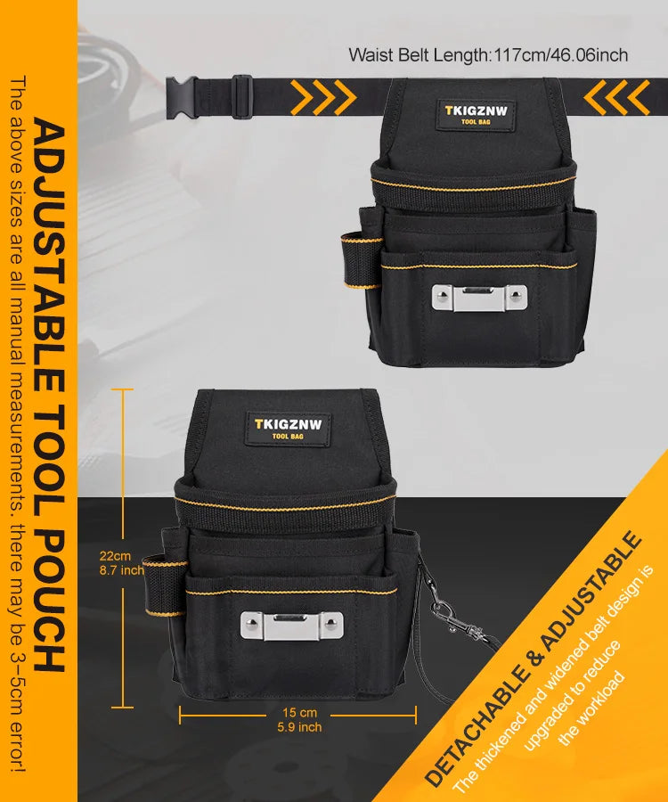 Black tool bag with adjustable belt length and detachable design for DIY and gardening tools