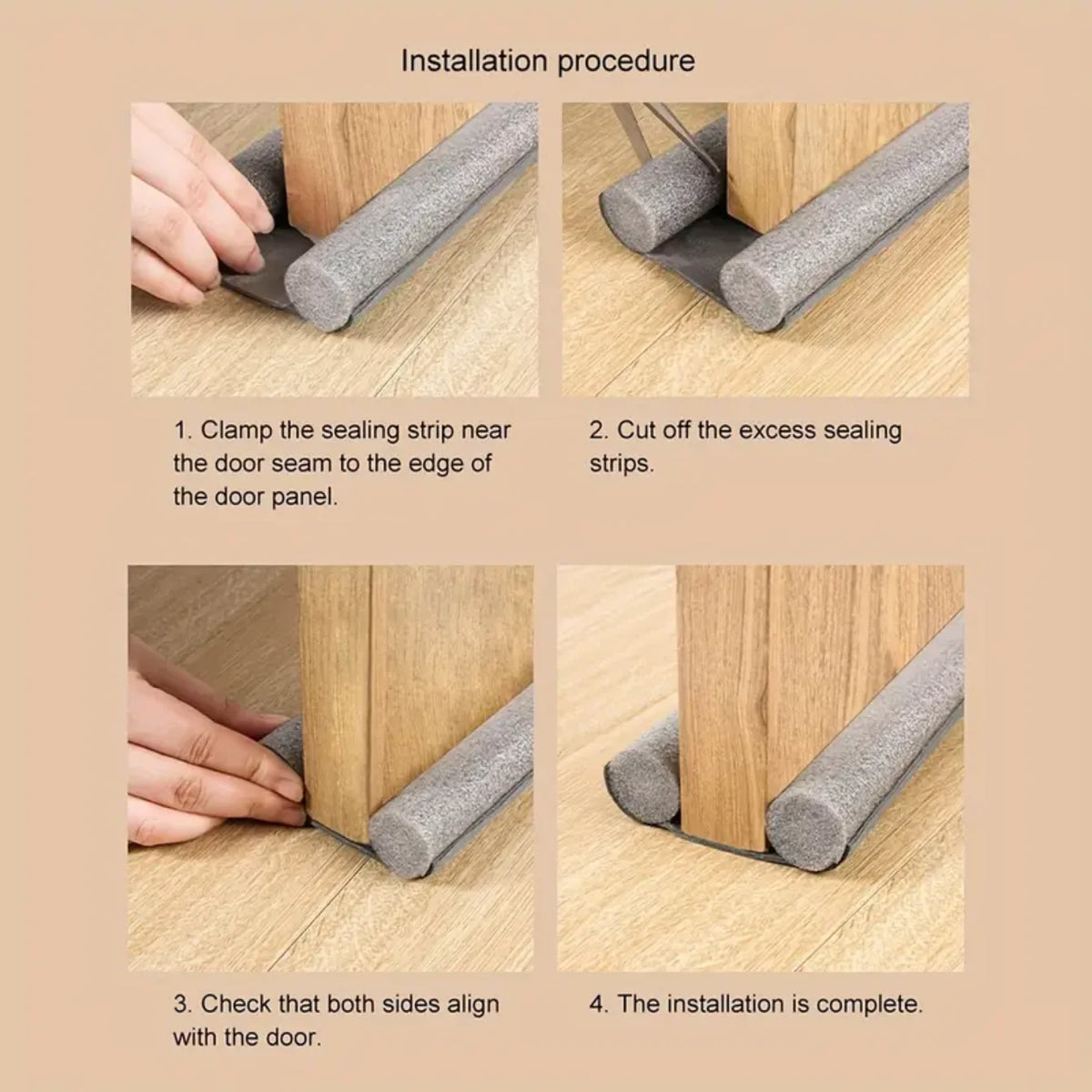 Installation procedure showing how to clamp and fit versatile door and window sealing strips onto a door panel.