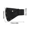 Black durable nylon axe blade cover with silver rivets and measurements.