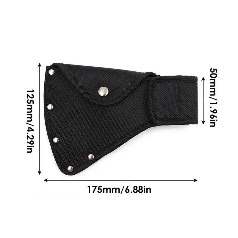 Black durable nylon axe blade cover with silver rivets and measurements.