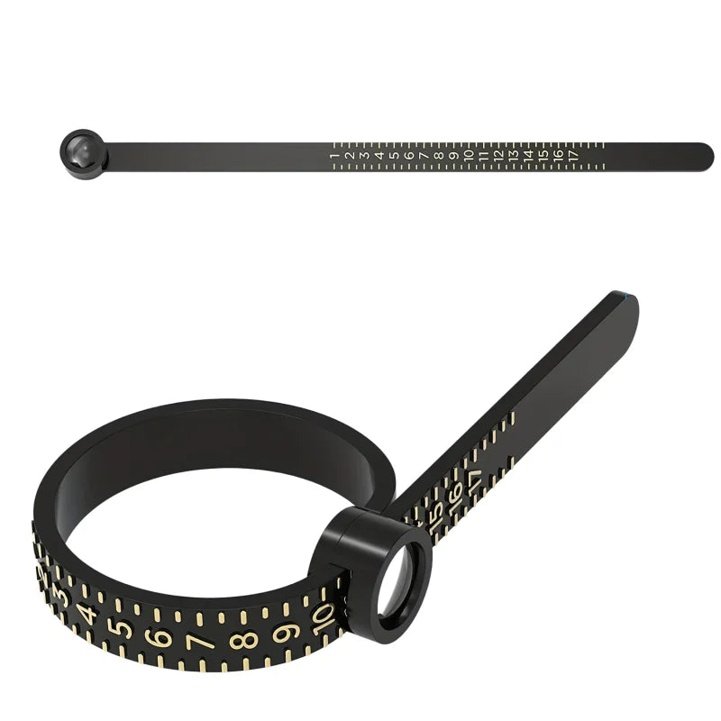 A black precision ring sizer featuring a graduated scale and a flexible band for measuring rings.