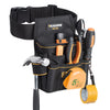 Black tool bag attached to a walking stick, featuring a handle and storage pockets.