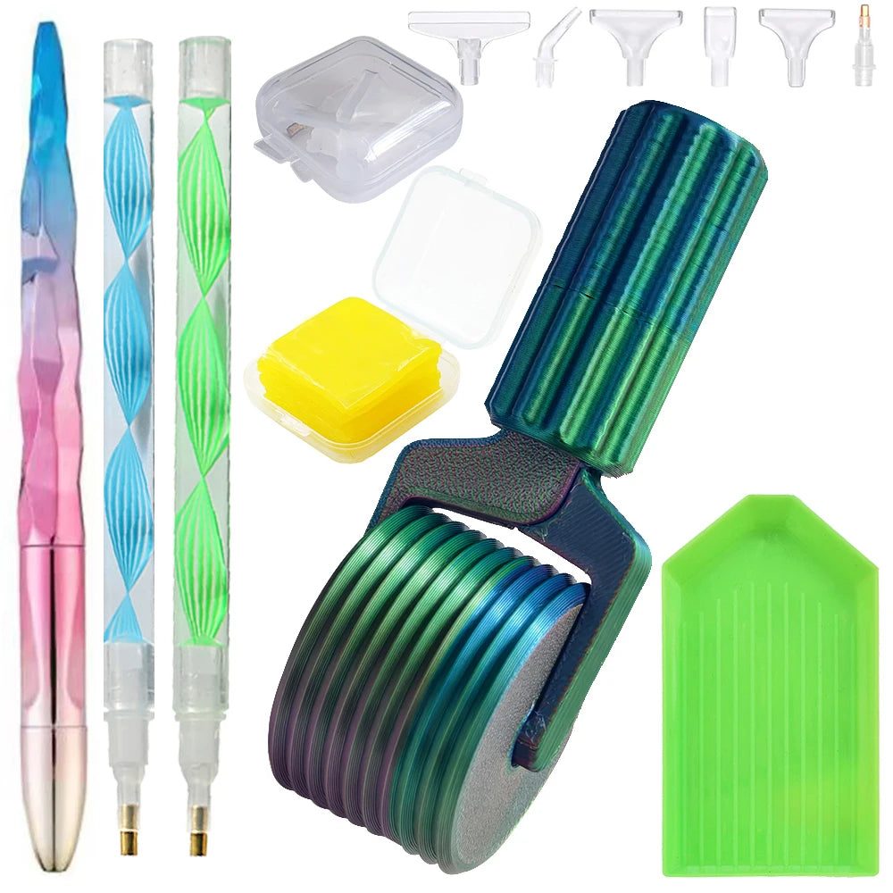 Un jeu d'outils de peinture à la perle de diamant comprenant un outil rose et bleu, des rouleaux en plastique transparent et 