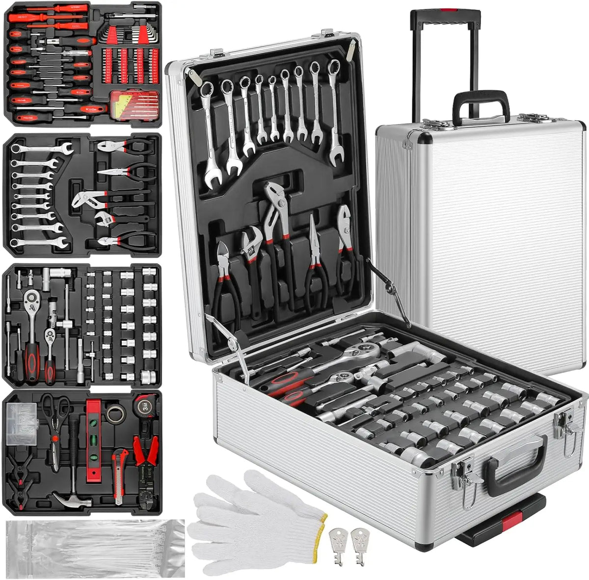 A professional mechanic tool kit with various hand tools and sockets stored in a silver trolley case.