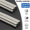 Close-up view of silver and black neodymium fridge magnets showing various magnetic features and layers
