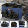 Durable Oxford-Stoff-Werkzeugtasche in blau und schwarz mit gelbem Nähte, Seiten- und Draufsicht.