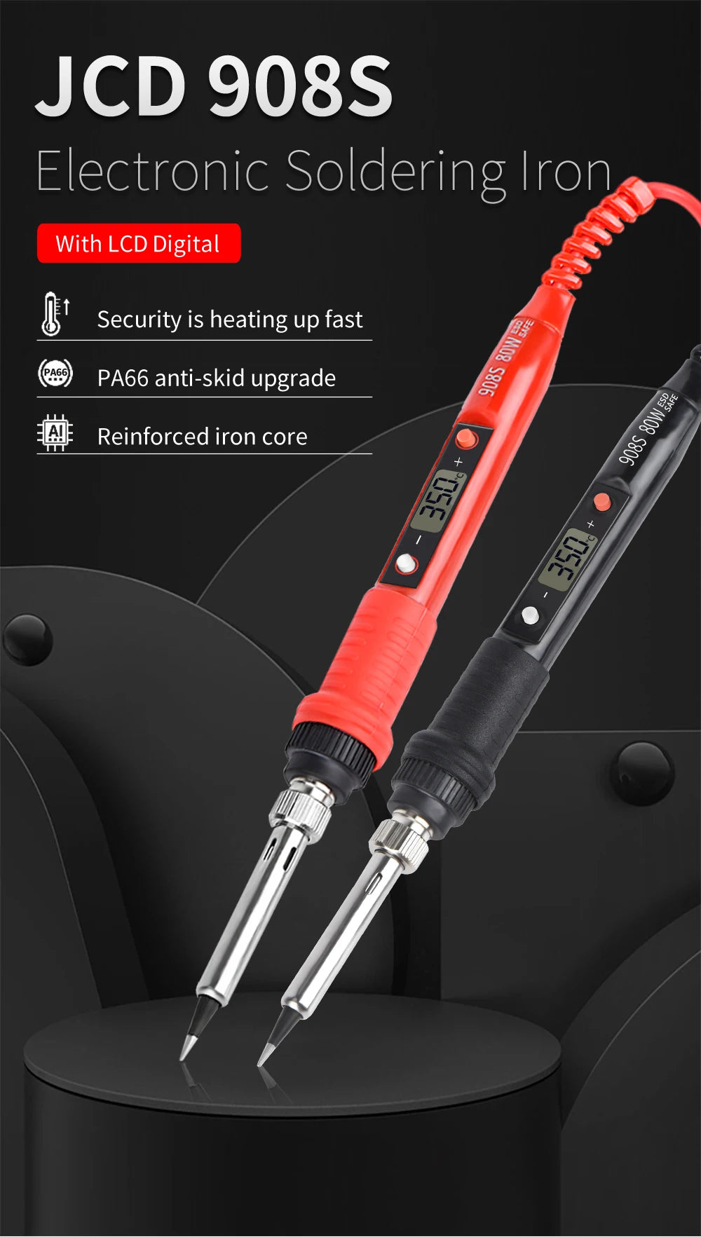 A close-up view of a red JCD 908S electronic soldering iron with a gold tip resting on a black surface.