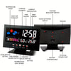 A digital weather station clock displaying various environmental metrics and time information.