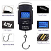 A black portable digital fishing scale with a strong handle, hook, and LCD display showing 0.000 kg.