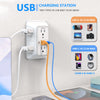 A white USB charging station with USB A and USB C ports is mounted on a wall, showing various devices it can charge.