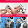 Four steps showing how to use an adjustable universal socket wrench set for tightening or loosening nuts and bolts.