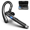 A black Bluetooth ear-mounted wireless headphone is shown with its charging case open and a glowing light feature.